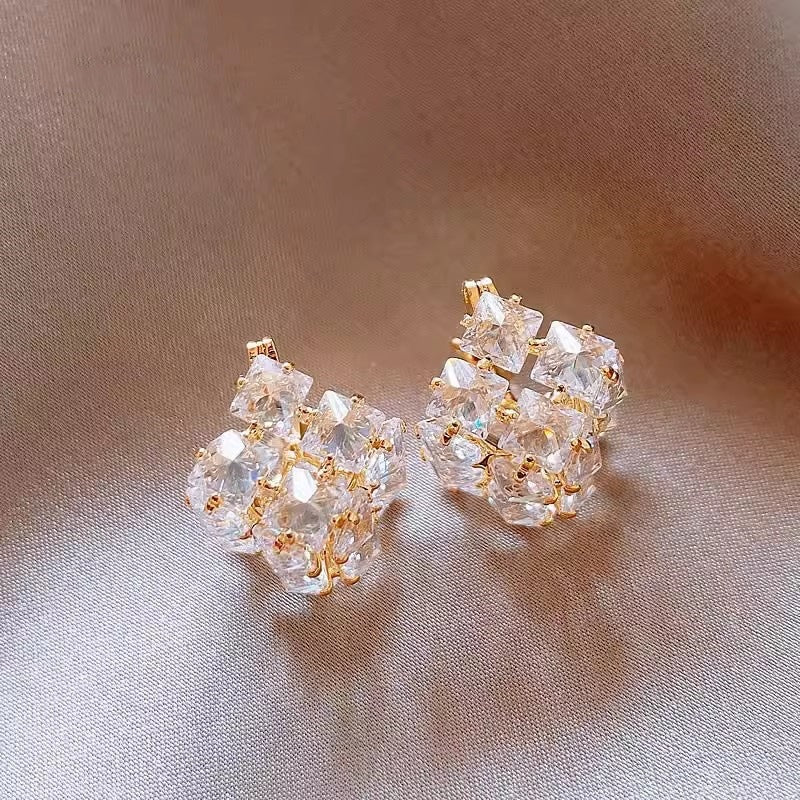 Real Gold Zircon Square Earrings