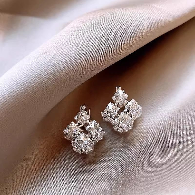 Real Gold Zircon Square Earrings