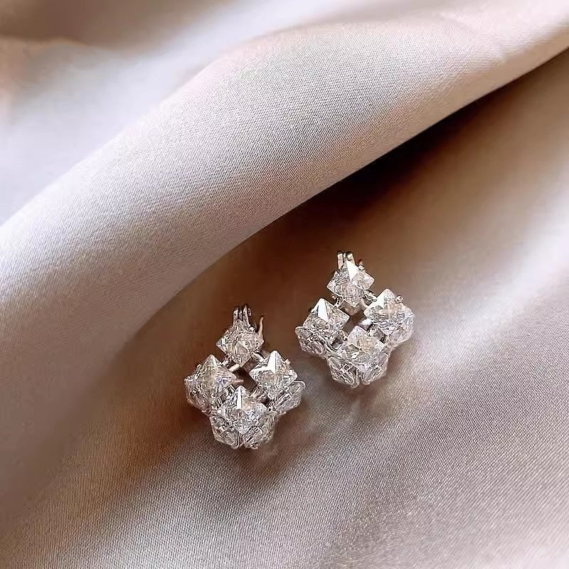 Real Gold Zircon Square Earrings