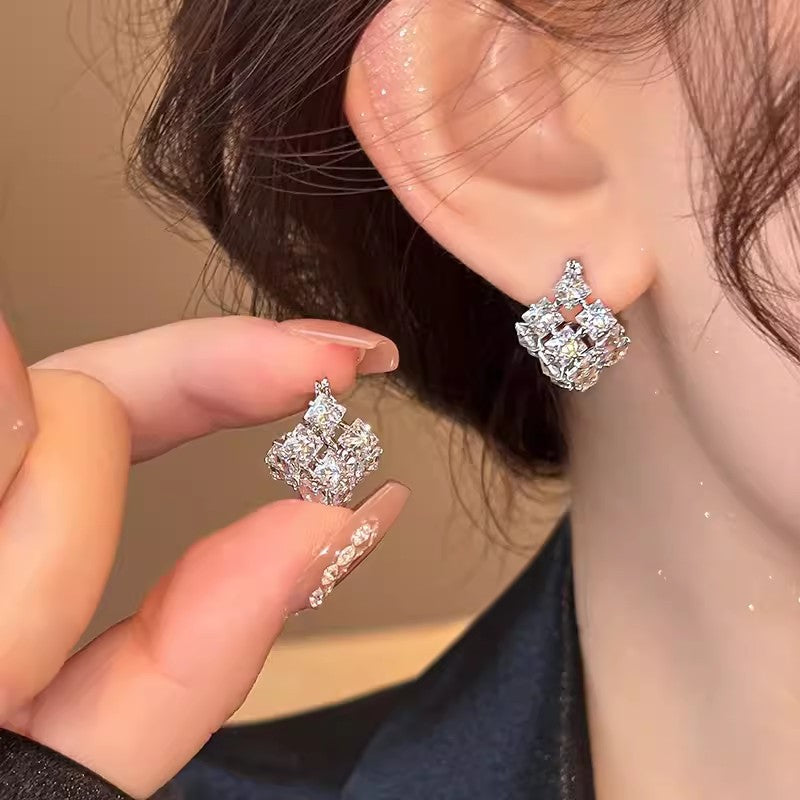 Real Gold Zircon Square Earrings